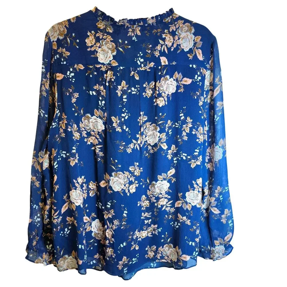 Sundance Highland Garden Silk Tunic Blouse Floral Sz XL Blue Pullover Sheer $138 - Picture 5 of 16